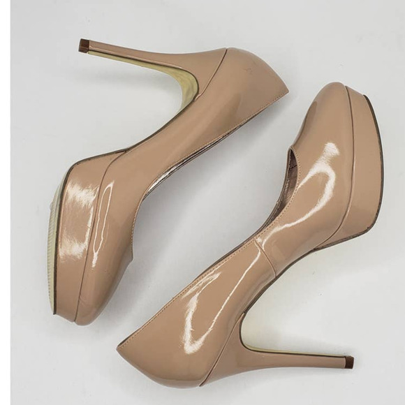 Steve Madden Saint 9.5 Platform Nude Beige Stiletto Heels Vegan Patent Leather - Picture 1 of 13